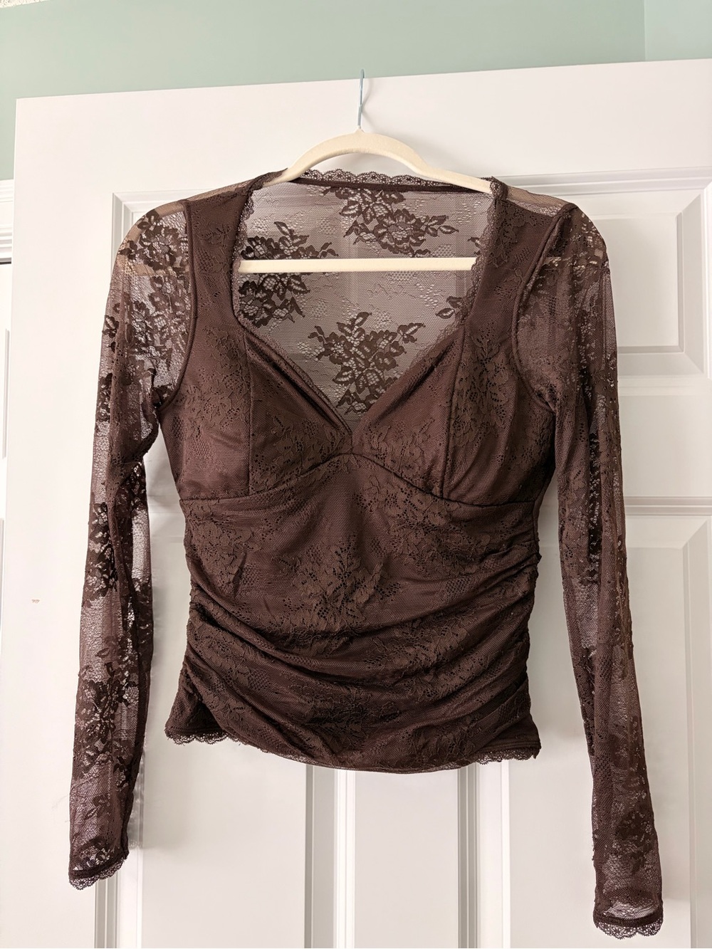 Abercrombie & Fitch Chocolate Brown Lace Long Sleeve V-Neck Top